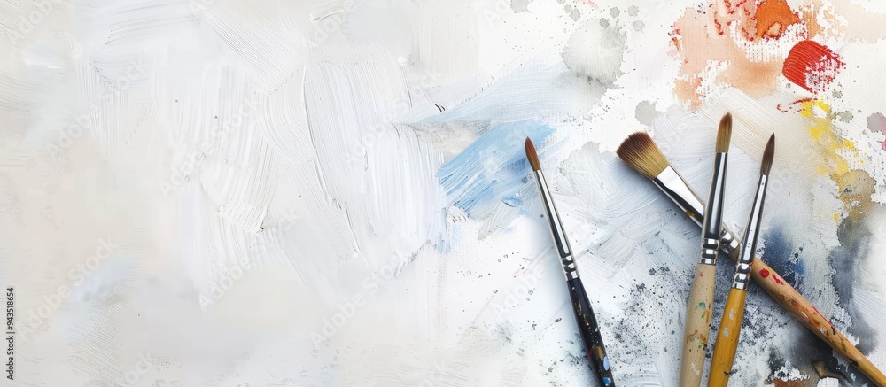 Aufkleber flat lay image of a paintbrush and watercolor set on a white surface ideal for painting or art conce