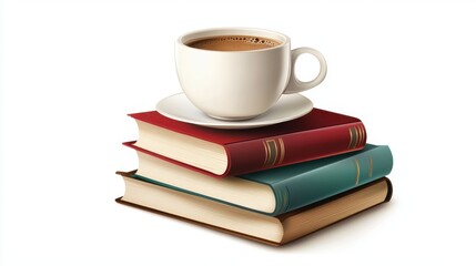 A coffee cup with a stack of books, lifestyle element, realistic style, intellectual and cozy, isolated on white background
