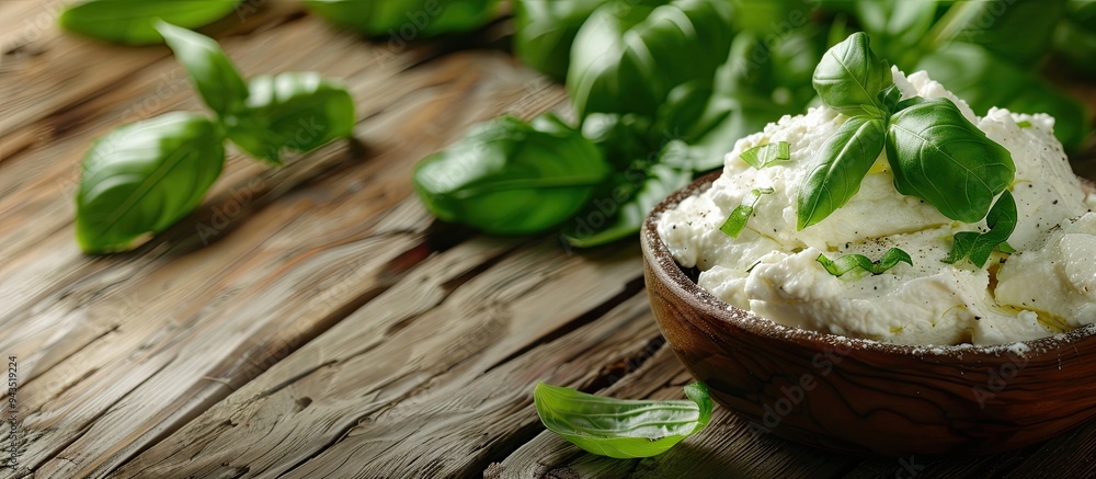 Aufkleber Wooden table with fresh ricotta and basil close up view for copy space image