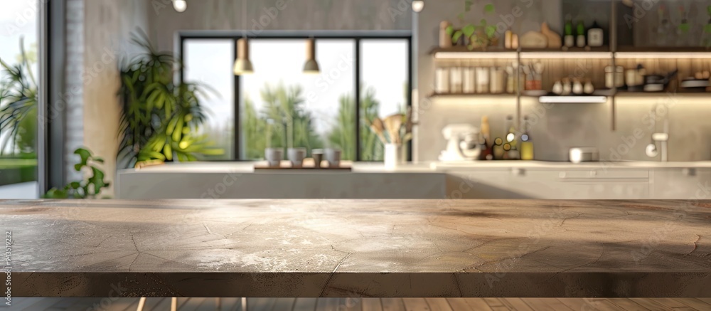 Poster a modern home design setting featuring a table with a blurred kitchen backdrop ideal for showcasing 