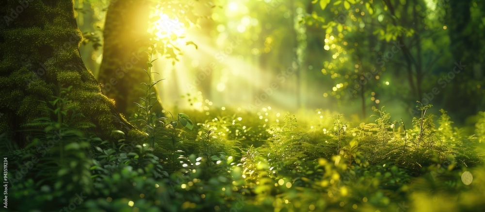 Poster spate of peaceful woodland scene showing sunlight filtering through a dense green forest emphasizing