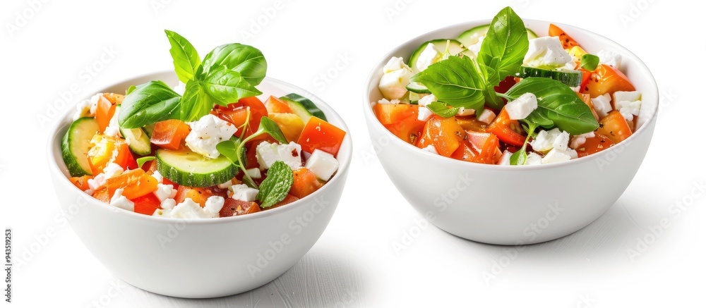 Poster fresh vegetable salad bowls with cucumber feta cheese on a white background copy space image