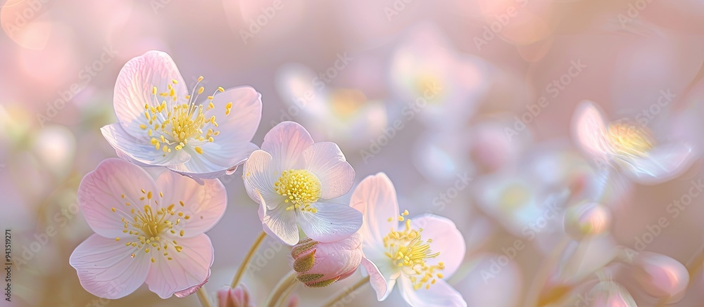 Poster front view of blooming small pinkish white flowers with yellow stamens in macro shot against a blurr