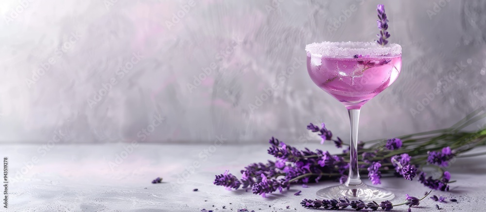 Poster gray background setting the stage for a lavender gin cocktail in a glass with ample copy space image