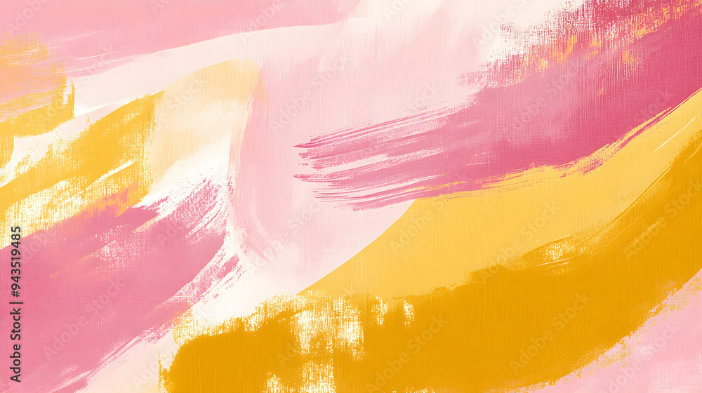 Poster vibrant mustard yellow and soft pink brush strokes blend harmoniously creating a cheerful abstract b