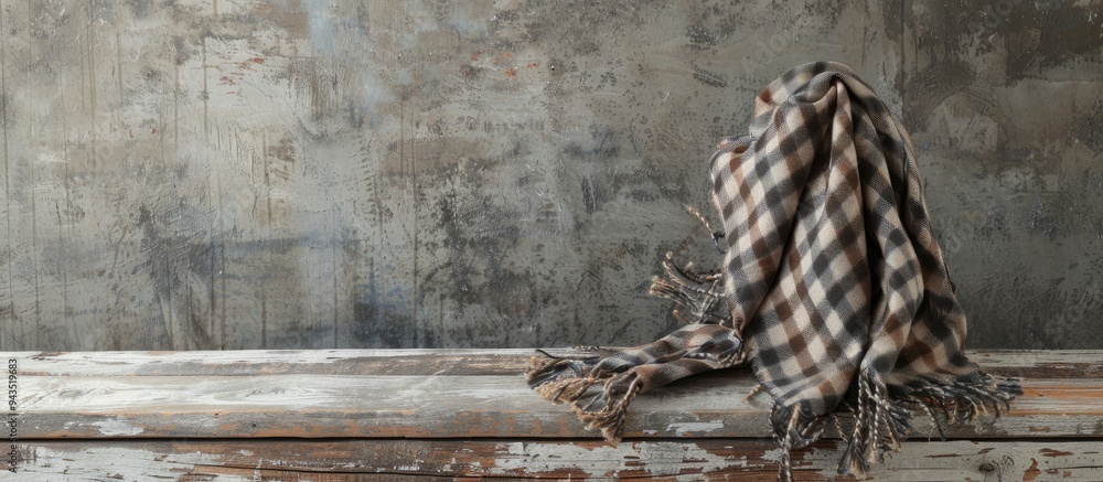 Poster checkered scarf on wood surface with gray background ample copy space image