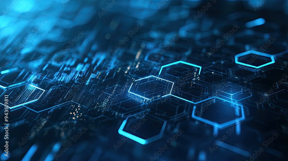 Poster a sleek and futuristic technology background with 3d hexagonal shapes, digital lines, and a gradient