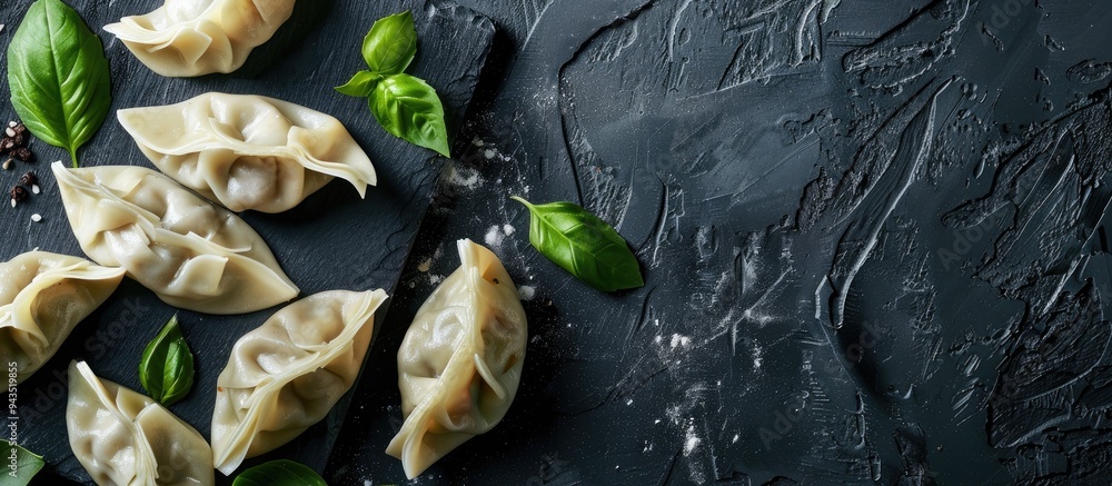 Aufkleber Dumplings and basil displayed on a black surface with copy space image