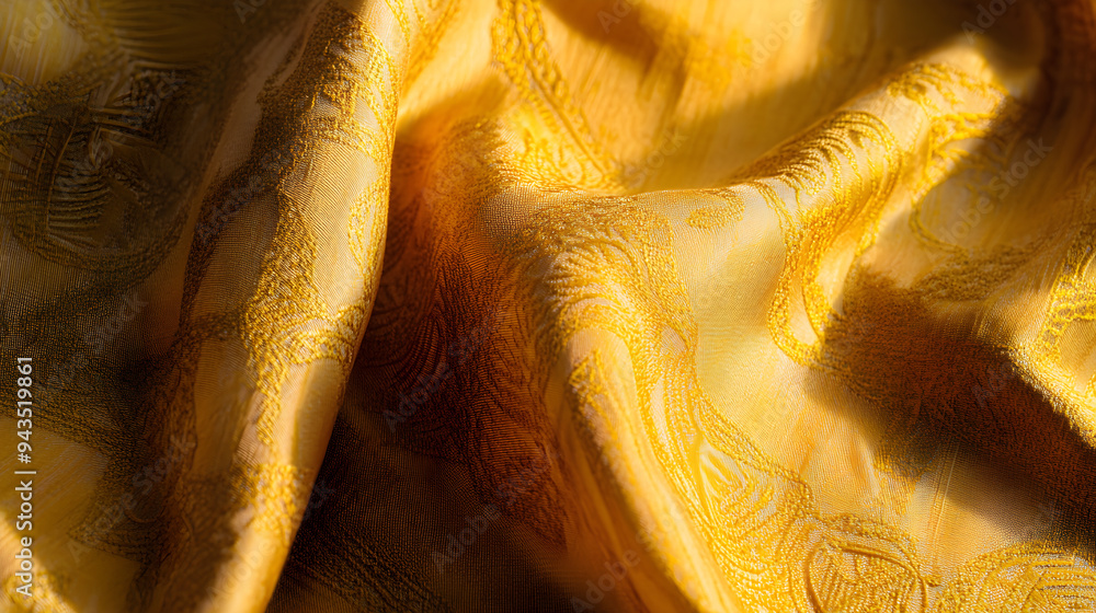 Poster mustard yellow fabric with intricate patterns flows smoothly, showcasing a rich texture and vibrant 