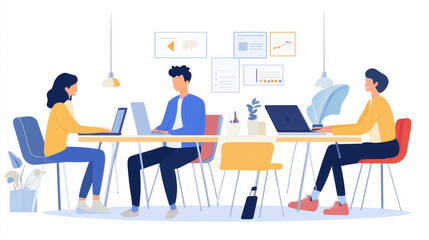 A group of people are sitting at a table with laptops, working together