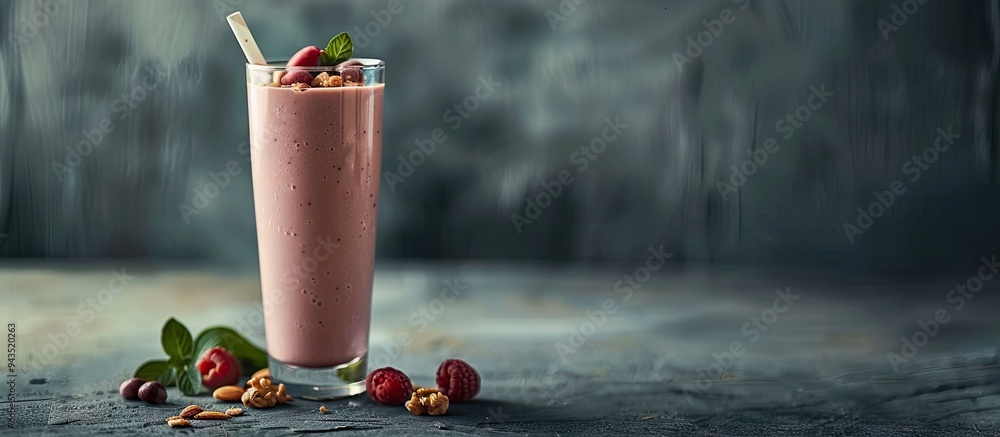 Poster Glass with a fruit nut smoothie on stone background ideal for text placement copy space image