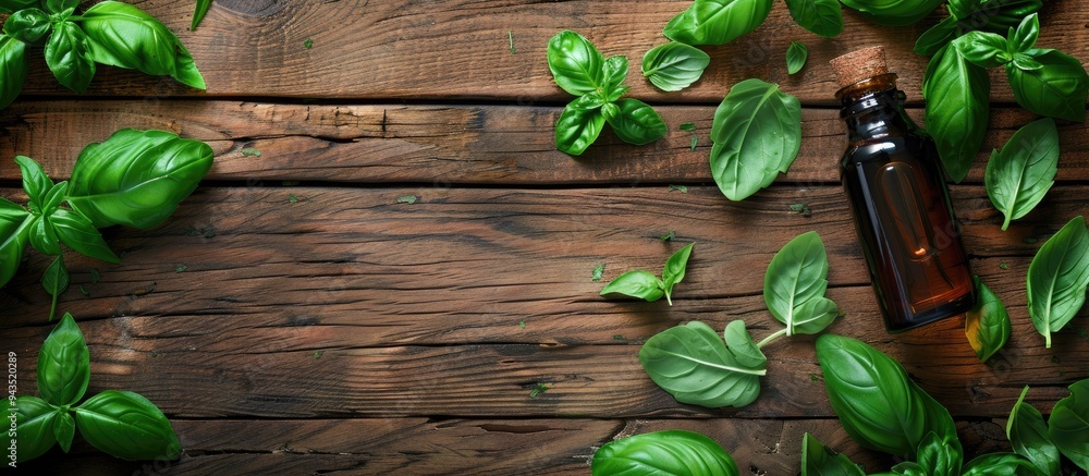 Poster fresh basil leaves and essential oil displayed on a wooden background for aromatherapy and herbal me