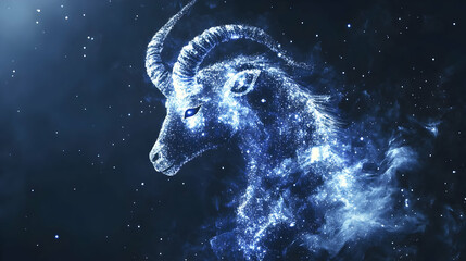 A celestial goat, a depiction of the zodiac sign Capricorn, formed from twinkling stars and a flowing cosmic nebula.