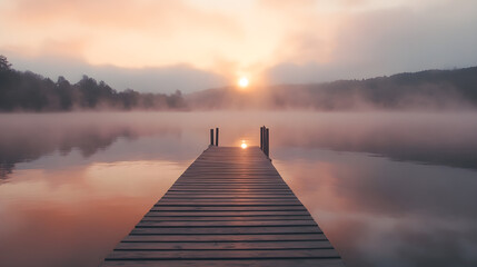 Fototapeta premium A serene lake at sunrise with mist rising from the water creates a tranquil atmosphere surrounded by nature's beauty