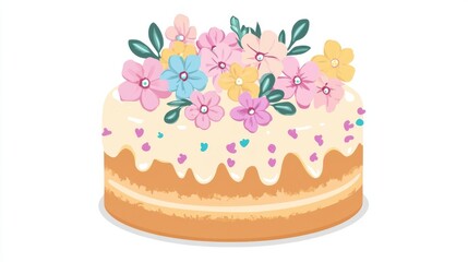 A decorative cake with flowers, bakery element, flat design, pastel colors, isolated on white background