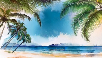 tropical beach with palm trees watercolor background