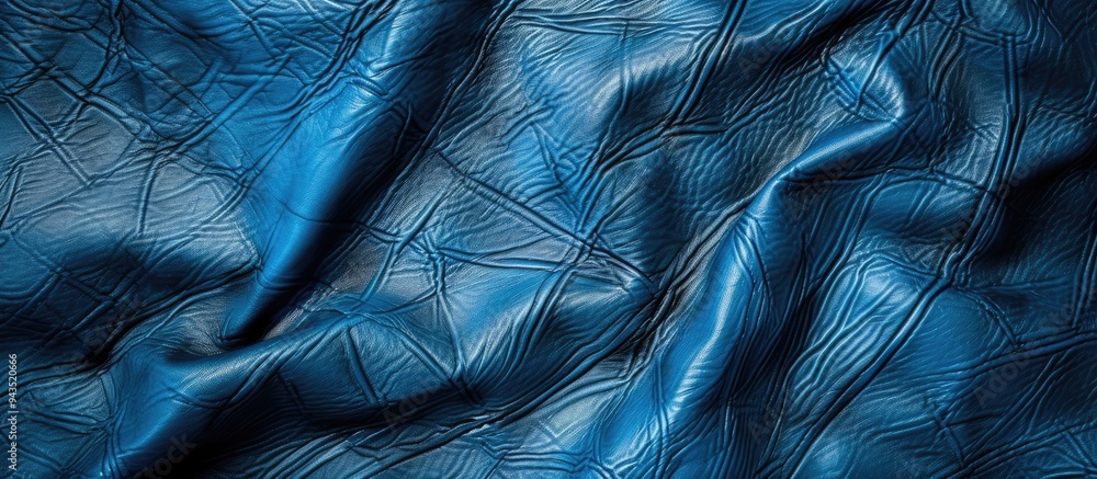 Poster close up shot of authentic leather texture on a blue artificial leatherette background with copy spa
