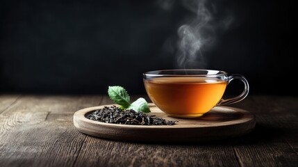 A steaming tea cup and dried tea leaves arranged on a wooden plate, placed on a dark wood table, with a black background creating a tranquil, warm scene
