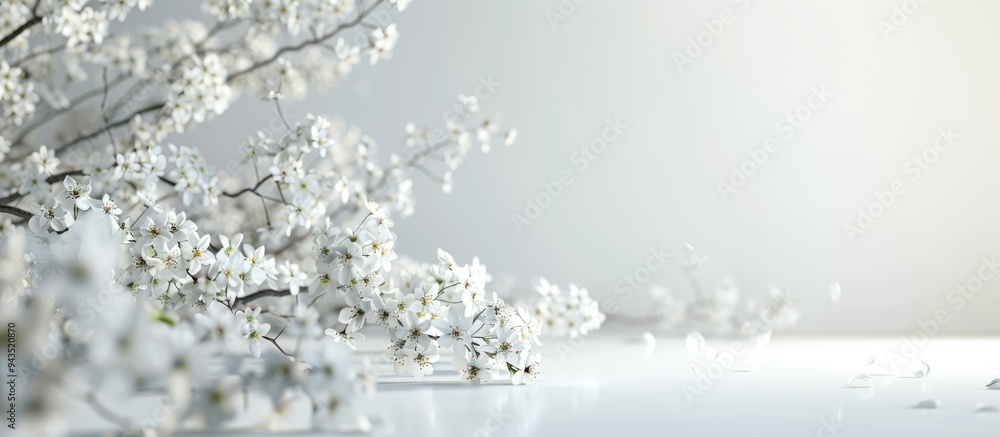 Poster blooming trees delicate white flowers against a white wall create a serene copy space image for text