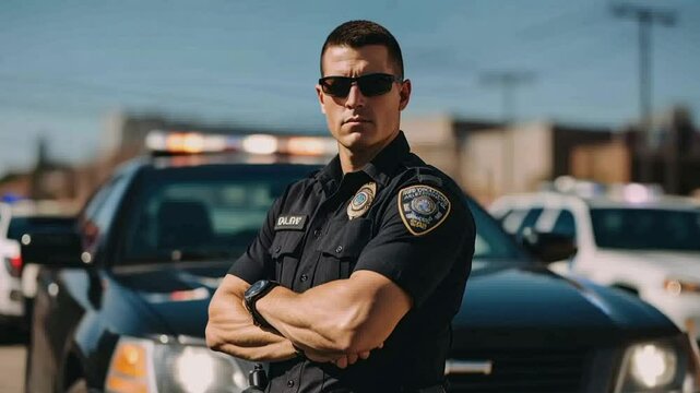 Police officer serious face on a street