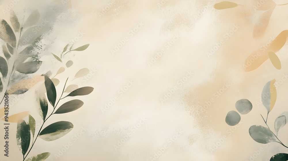 Poster soft khaki background features abstract botanical shapes with gentle greens and earthy tones creatin