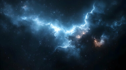 A celestial nebula with swirling clouds of gas and dust illuminated by starlight.