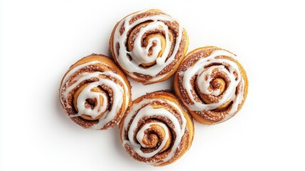 A top view of cinnamon rolls with thick, glossy icing drizzled over them, isolated on a white background, capturing the sweet and indulgent nature of the pastry