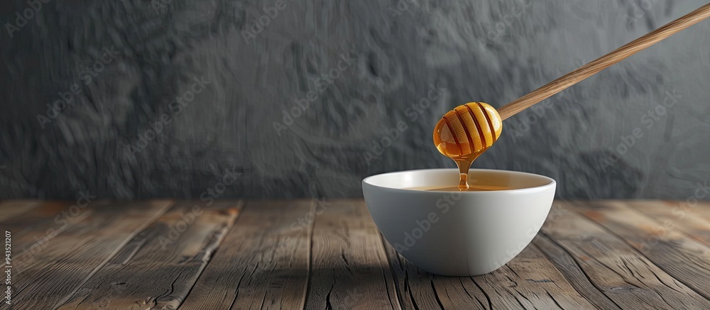 Aufkleber sweet organic honey in a bowl with a wooden honey dipper creating an enticing copy space image for a