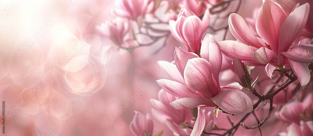 Poster pink magnolia flowers on a blossoming magnolia tree creating an elegant copy space image