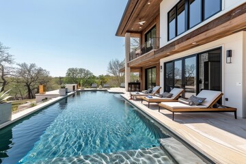 Upscale Modern Two-Story Home in Beverly Hills with Pool, Grassy Yard, Lawn Chairs, and Kids' Play Area; Large Windows, Flat Roof, Wood Accents, and White Concrete Floors