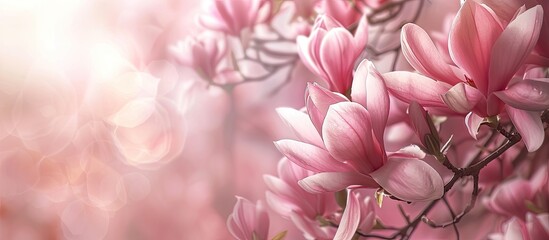 Fototapeta premium Pink magnolia flowers on a blossoming magnolia tree creating an elegant copy space image