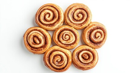 A top view of freshly baked cinnamon rolls, arranged in a tight circle, isolated on a white background, with emphasis on the spiral patterns and rich filling