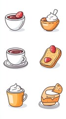 Obraz premium Explore a fresh collection showcasing clean line drawings of breakfast items, including coffee, yogurt, and pastries, perfect for morning inspiration