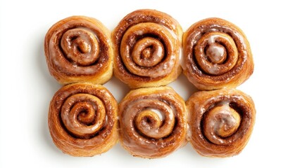 A top-down view of a batch of freshly baked cinnamon rolls, perfectly golden and swirled with cinnamon, isolated against a clean white background, emphasizing their rich texture and icing