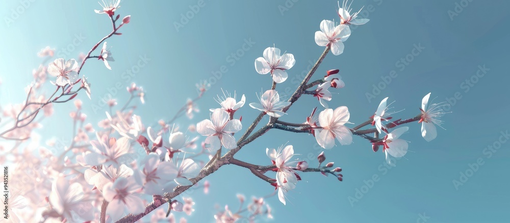 Poster almond tree branches in bloom set against a clear blue sky perfect for spring themed copy space imag