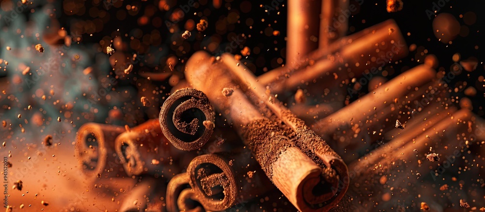 Aufkleber Cinnamon sticks alongside cinnamon powder create a visually appealing copy space image