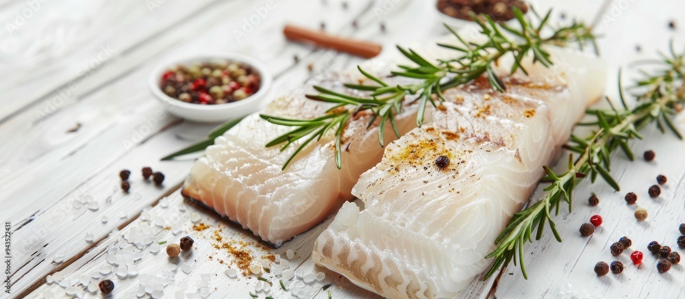 Aufkleber close up of raw cod fish rosemary and spices on a white wooden table with space for text in the imag