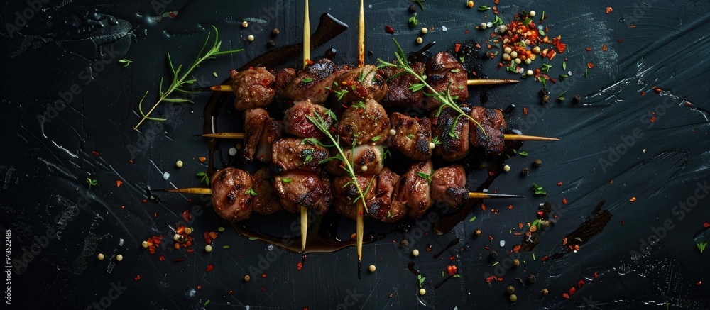 Poster Top view of Shashlik with thyme and spices on bamboo skewers against a dark background providing a copy space image