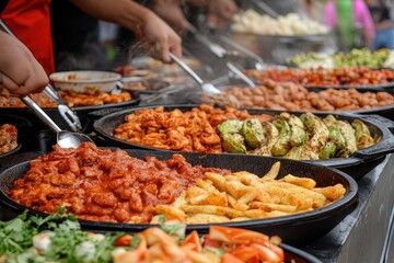 Cultural Food Festival: An outdoor food festival with stands offering various Hispanic delicacies, with people sampling food and enjoying the cultural experience. 