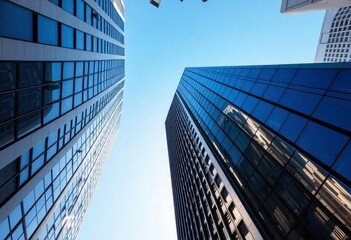 Obraz premium Looking Up modern high-rise office buildings with blue sky in the background, ai
