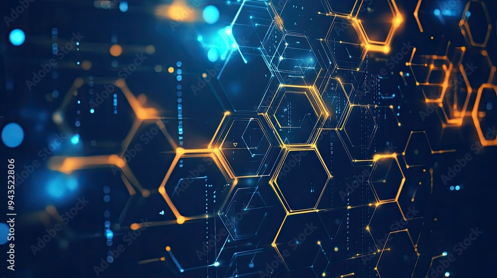 Poster a vector illustration of a hi-tech abstract background with interconnected hexagonal shapes and glow