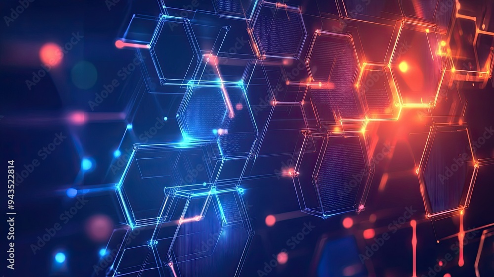 Poster a vector illustration of a hi-tech abstract background with interconnected hexagonal shapes and glow