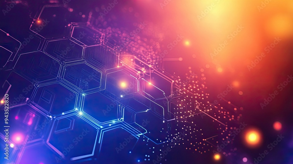 Poster a vector illustration of a hi-tech abstract background with interconnected hexagonal shapes and glow