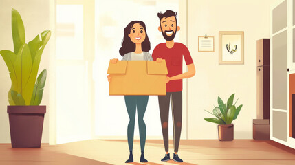 A man and woman are holding a cardboard box in a room