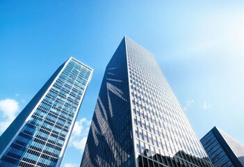 Looking Up modern high-rise office buildings with blue sky in the background, ai