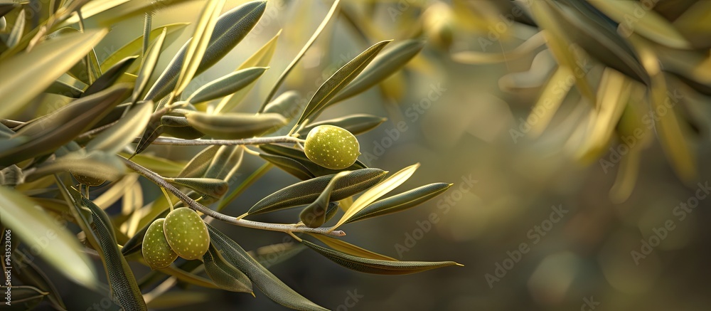 Poster close up of a green olive tree branch with copy space image