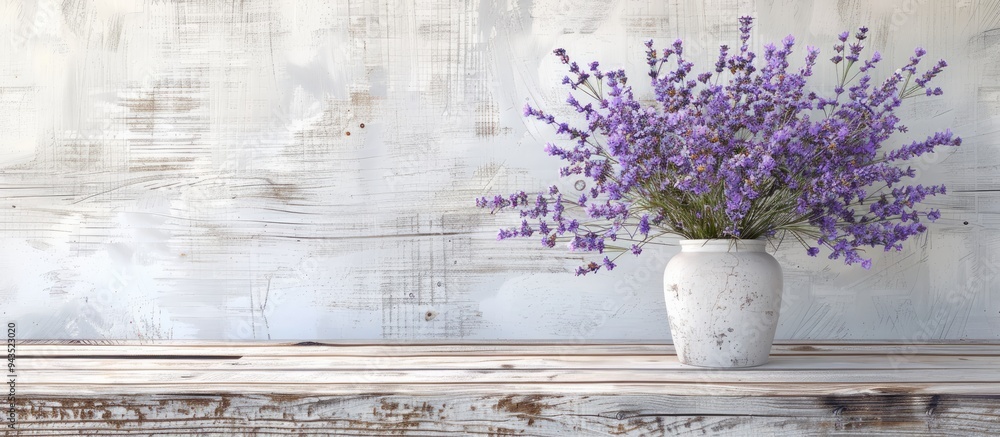 Poster lavender flowers in a bouquet against a white old wooden backdrop with dry sprigs on a table in a wo