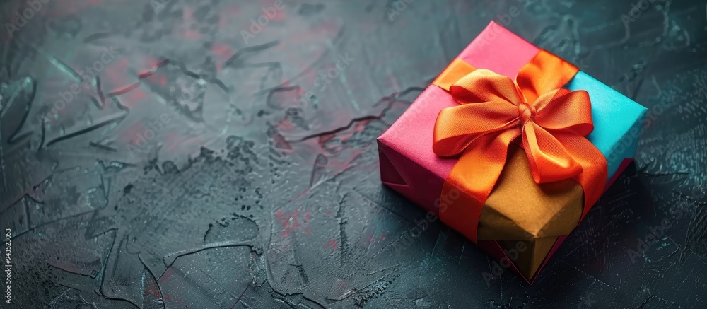 Poster A festive gift box decorated with colorful paper and ribbon placed on a table captured from above with space for text alongside. Creative banner. Copyspace image
