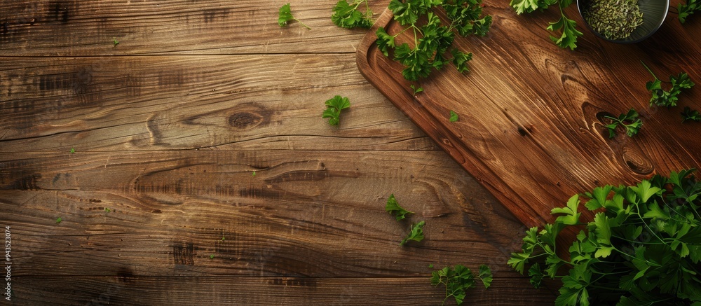 Poster top view of a wooden table with a cutting board cumin and parsley providing copy space for text