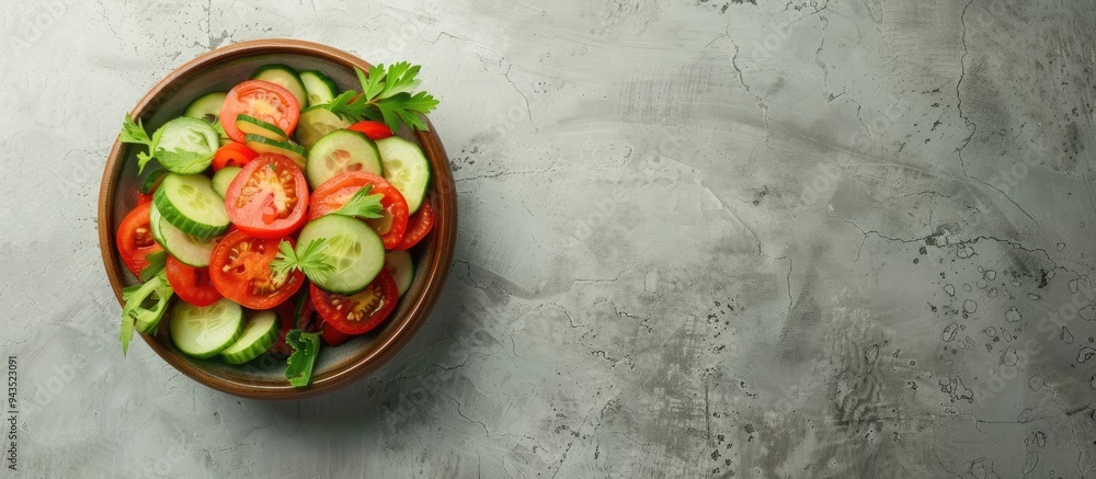 Aufkleber Fresh vegetable salad in a bowl with tomato and cucumber on a grey background ideal for copy space image